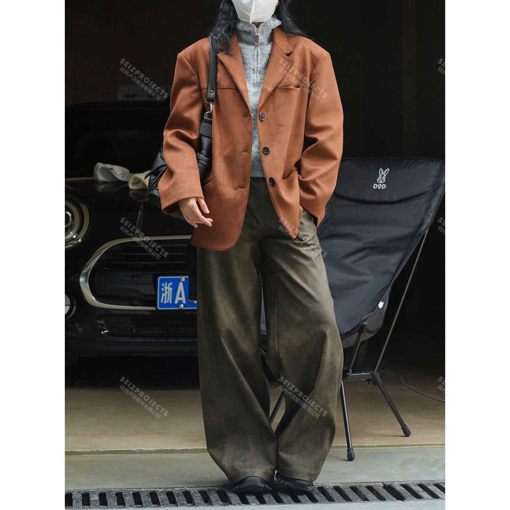 Winter Curved Pocket Oversized Blazer Suede Jacket Brown Green Loose Straight Coat For Women