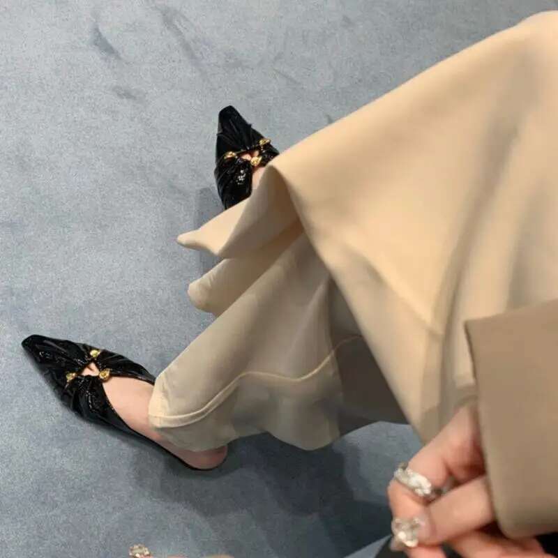 Pleated Flat Slipper Women Shoes 2024 Summer Fashion Hollow Out Mules Sandal Pointed Toe Slip On Dress Outdoor Slides Pumps