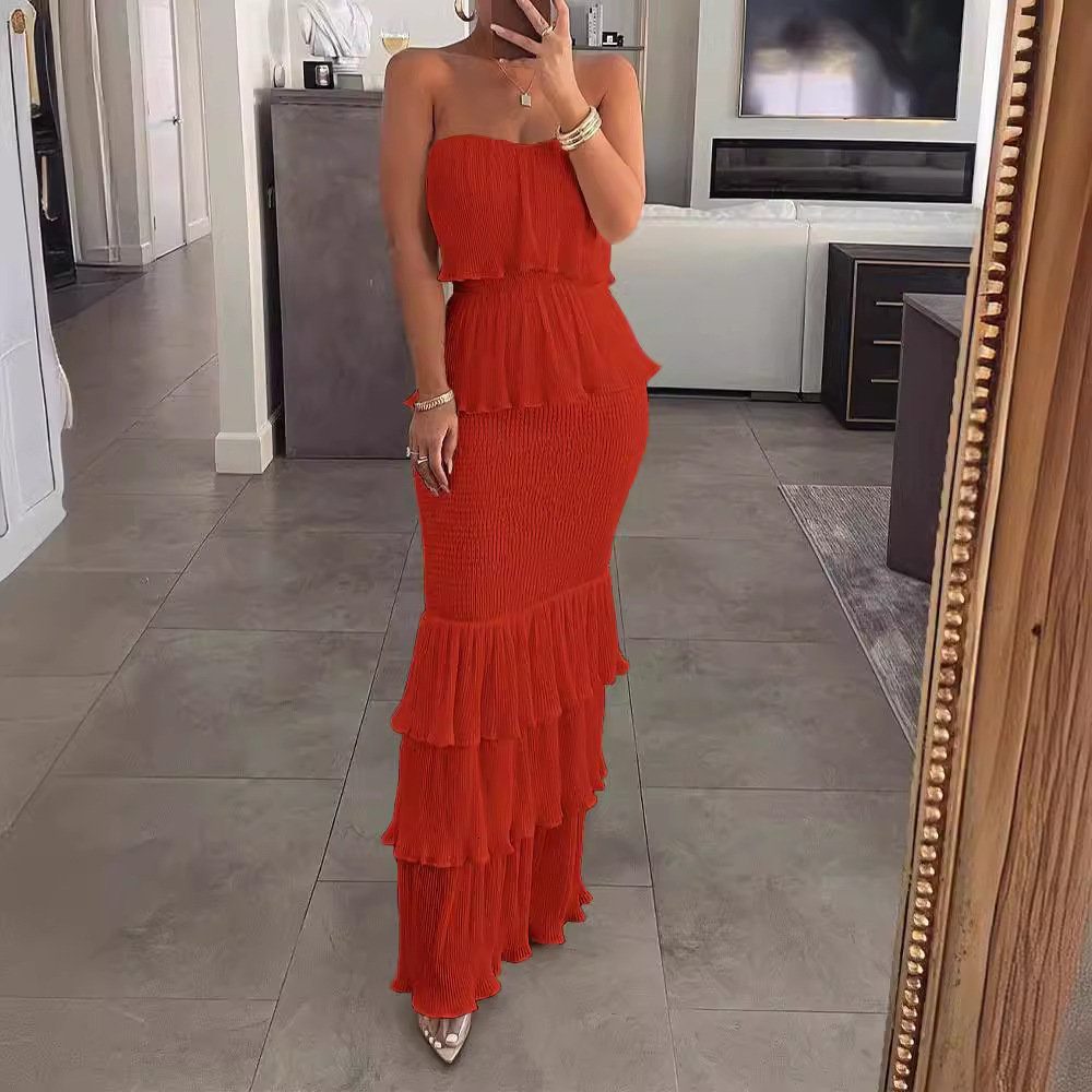 2024 Fashionable and Sexy Womens Solid Color Sleeveless Skirt with Straightening Embracing and Folded Ruffle Edge Long Dress for Women