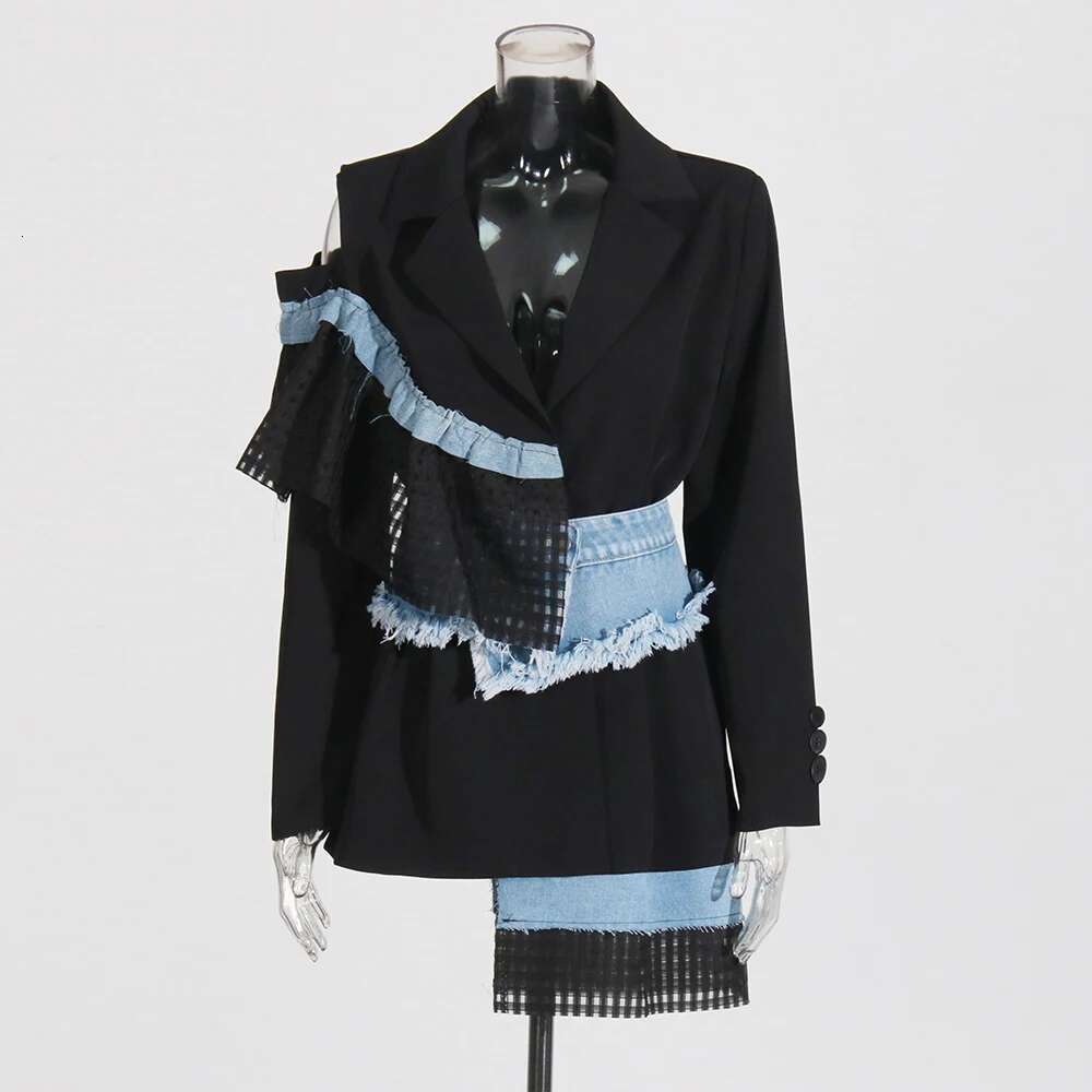 Colorblock Hollow Out Jackets For Women Notched Collar Long Sleeve Patchwork Denim Vintage Jacket Female Clothing