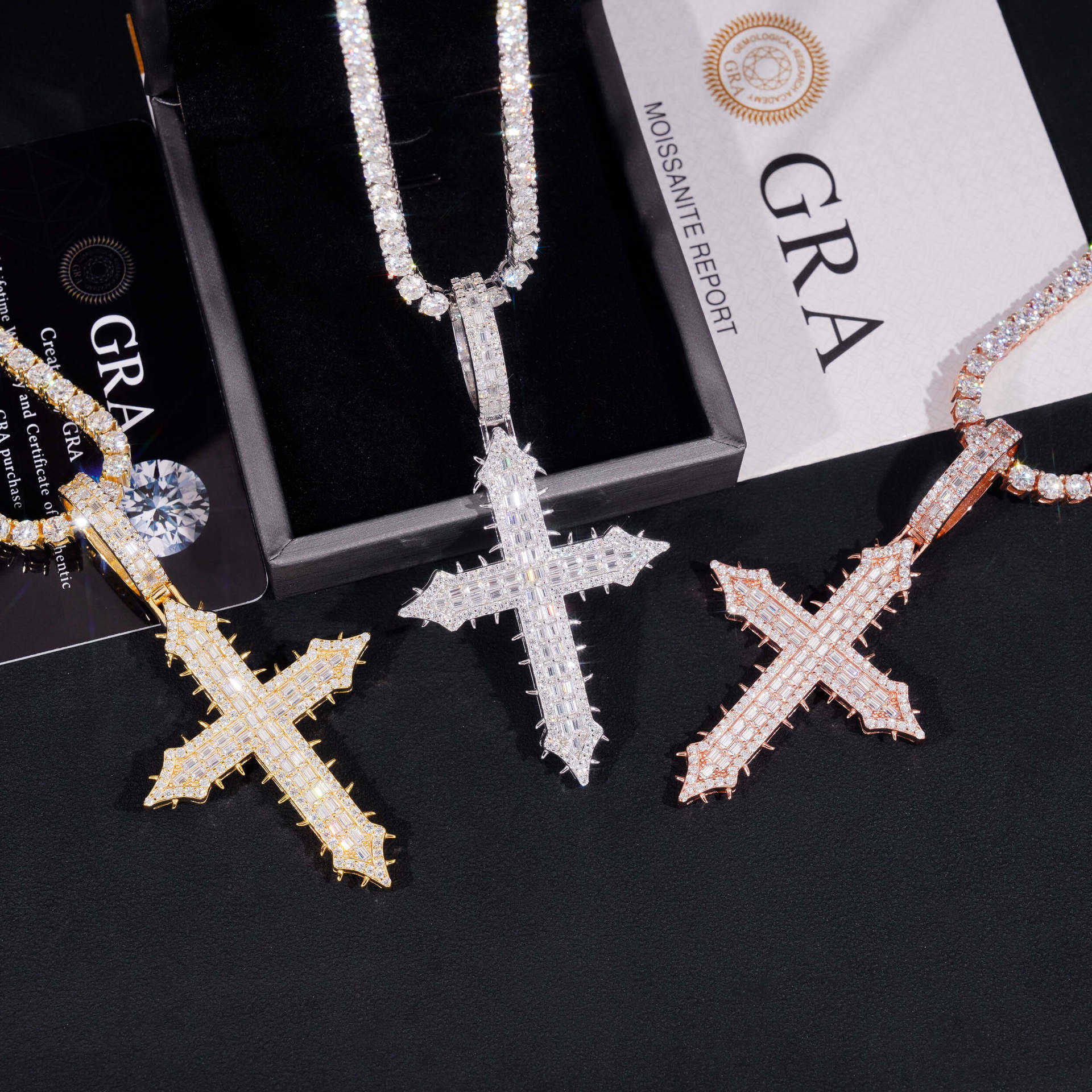 ZUANFA S925 Silver Moissanite Hip Hop Cross Pendant Second Over Test Diamond Pen