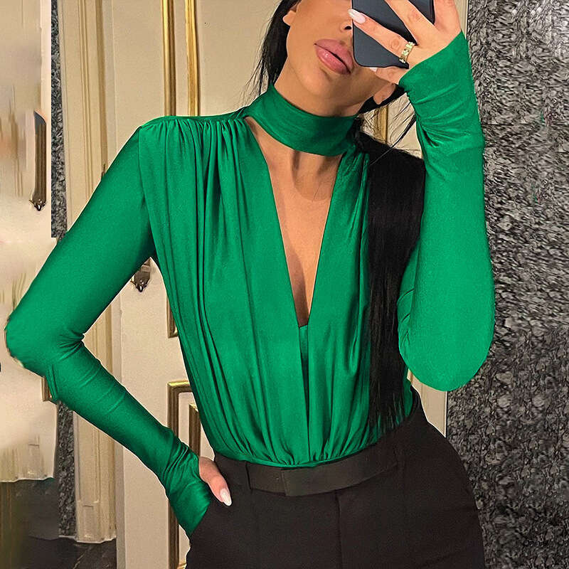 European American women's spring sexy V-neck slim fit bottom splicing long sleeved jumpsuit wholesale 2025 new style chic and elegant clothing