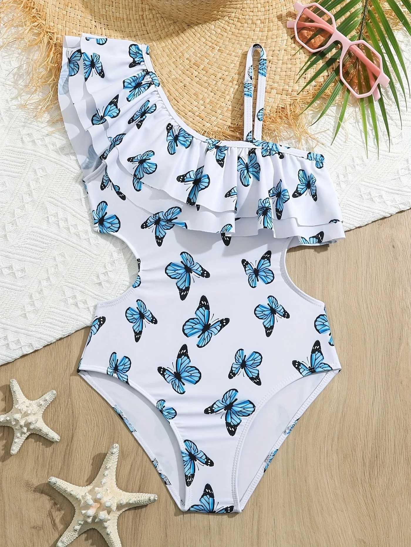 2025 Girls Swimsuit One Piece Butterfly Kids Swimwear Ruffle Childrens Bathers Bathing Swimming Swim Suit Summer Beachwear Z250214