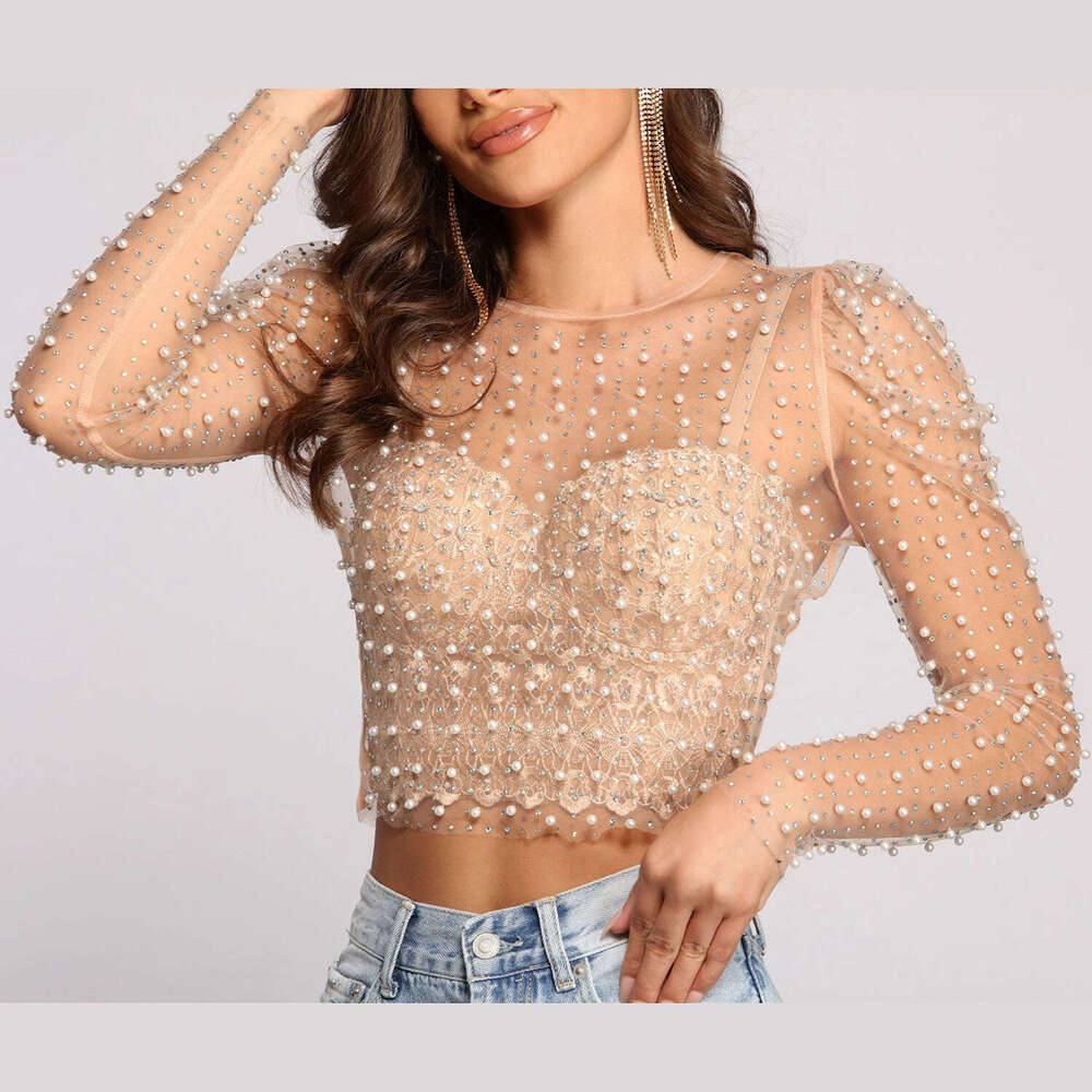 Summer Hot Pot Dia Bead Bubble Sleeve Mesh Top 2025 New Casual Fashion Trendy Clothing