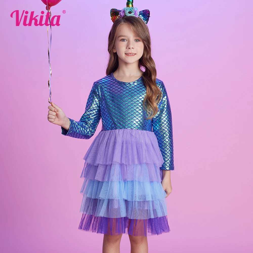 VIKITA Girls Mermaid Print Dress Kids Layered Mesh Tulle Cake Ball Gown Tutu Dresses Girl Par Performance Princess Dress 3-12Y Z250214