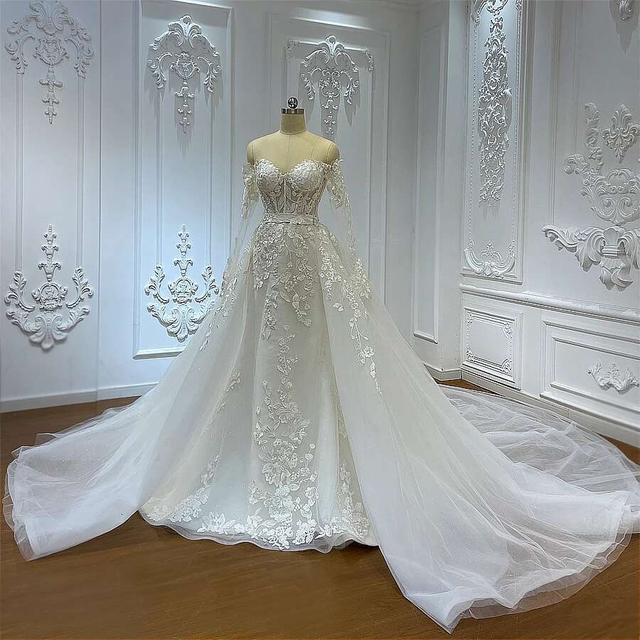Custom quinceanera Simple Off-Shoulder Appliques Lace Mermaid Bridal Dress with Detachable A-Line Wedding Dresses