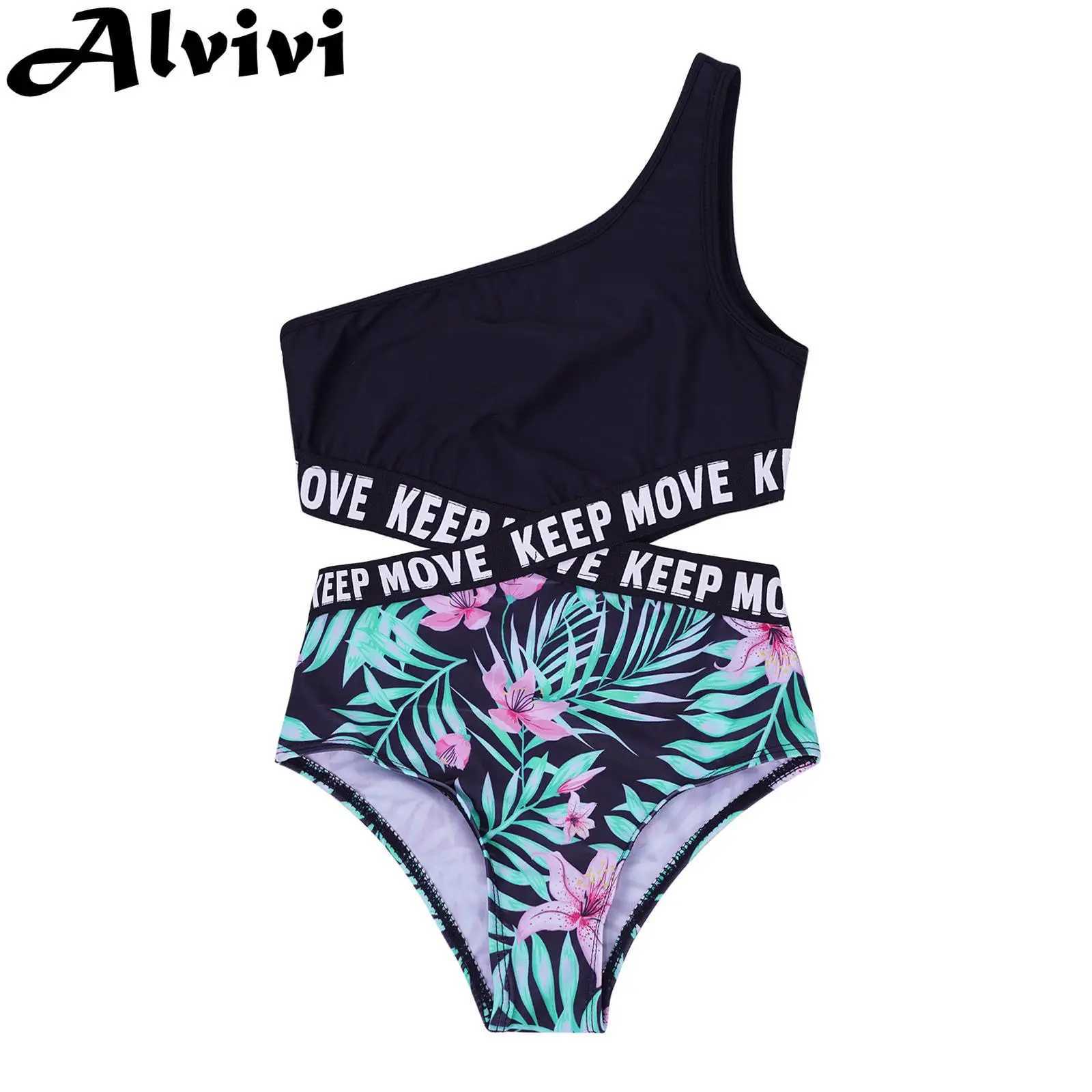 Kids Girls Hollow Out One-piece Swimwear Single Shoulder Letter Print Bodysuit Swimsuit Pool Bathing Suit Beachwear Sportswear Z250214