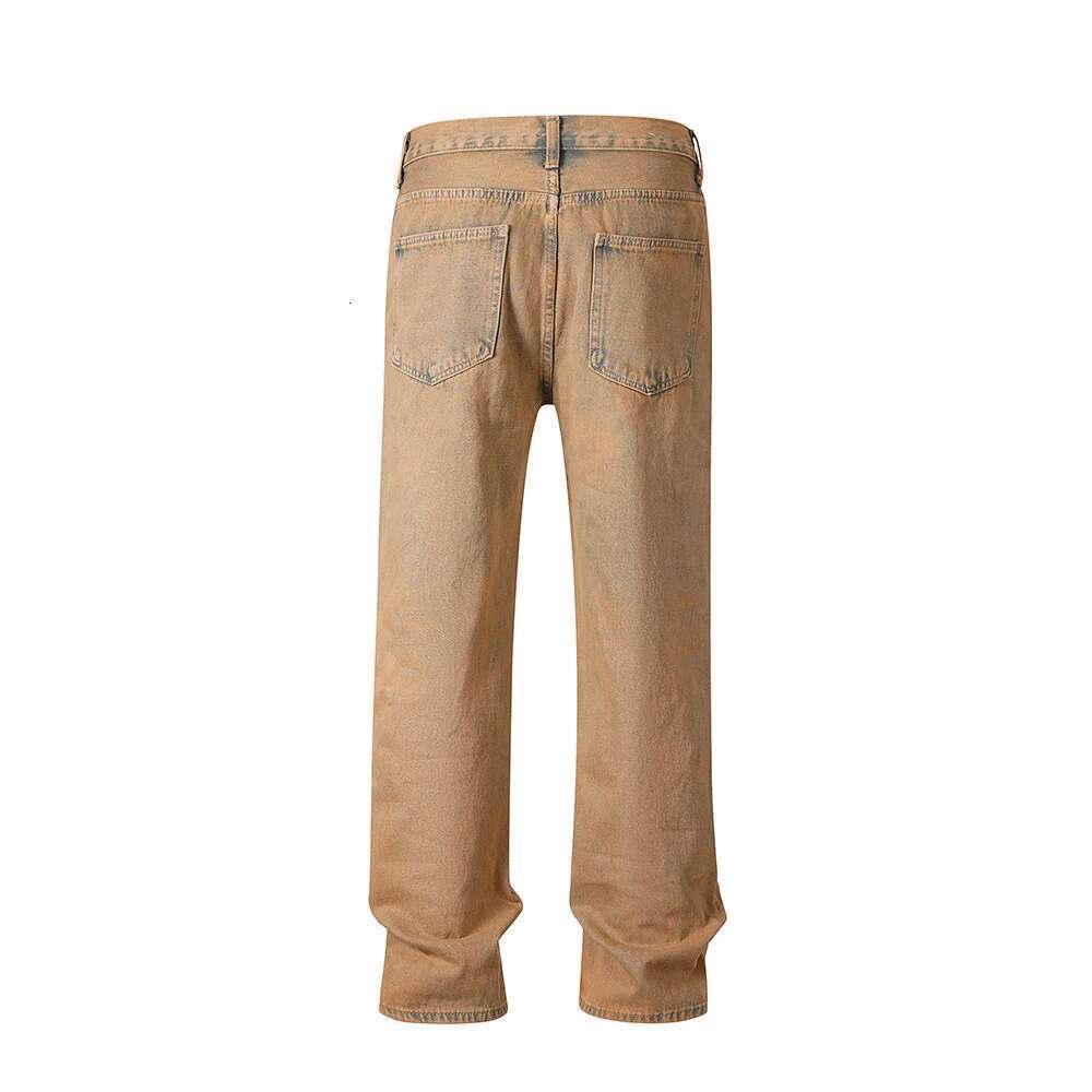 Haruku Solid Color Yellow Mud Dyed Mens Jeans Straight High Street Baggy Cargo Pants Oversized Denim Trousers
