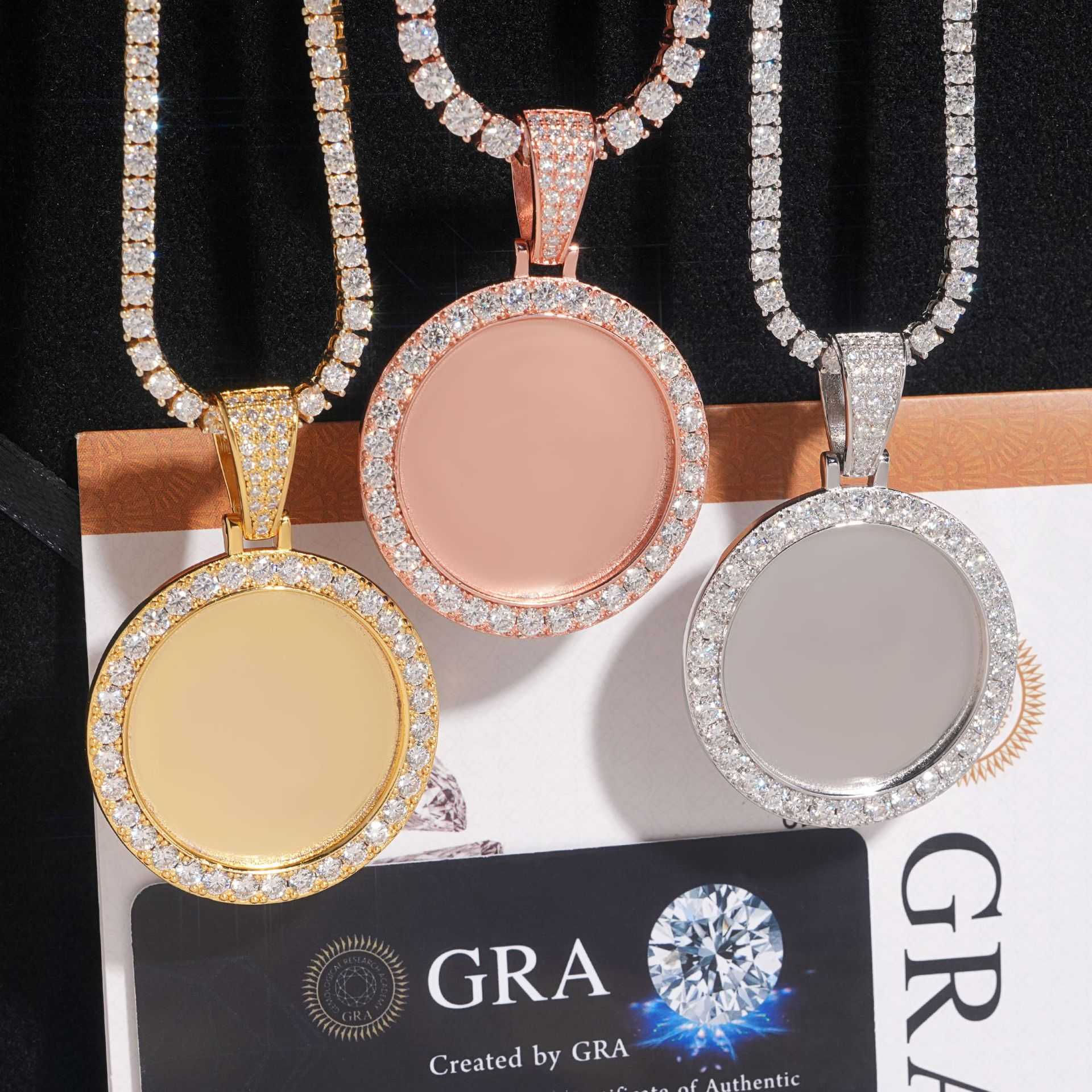 ZUANFA Hip Hop Circular Photo Frame Pendant 925 Silver Inlaid Mosang Unisex Tennis Chain