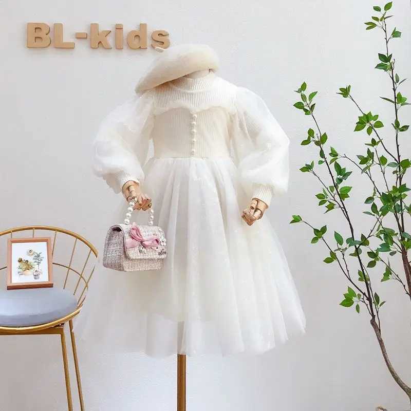 Korean Sle Girls Dress 2025 Spring Autumn Long Sleeves Mesh Pearl Sweet Fashion Little Princess Dress 3-10 Years Kids Clothes Z250214