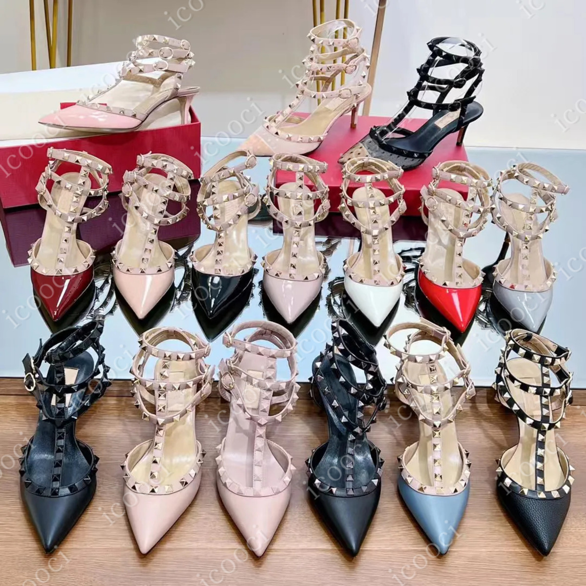 DesignerSandal High Heel Brand Women Fashion studded spikes point toe strappy high bride wedding shoe leather rivet peep-toes slingback gold 6 8 10cm wedding shoe 008