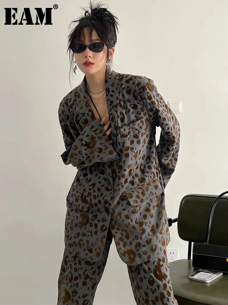 EAM Leopard Print Big Size Vintage Blazer Women Lapel Long Sleeve Loose Fit Jacket Fashion Spring Autumn 1DF1166 250206