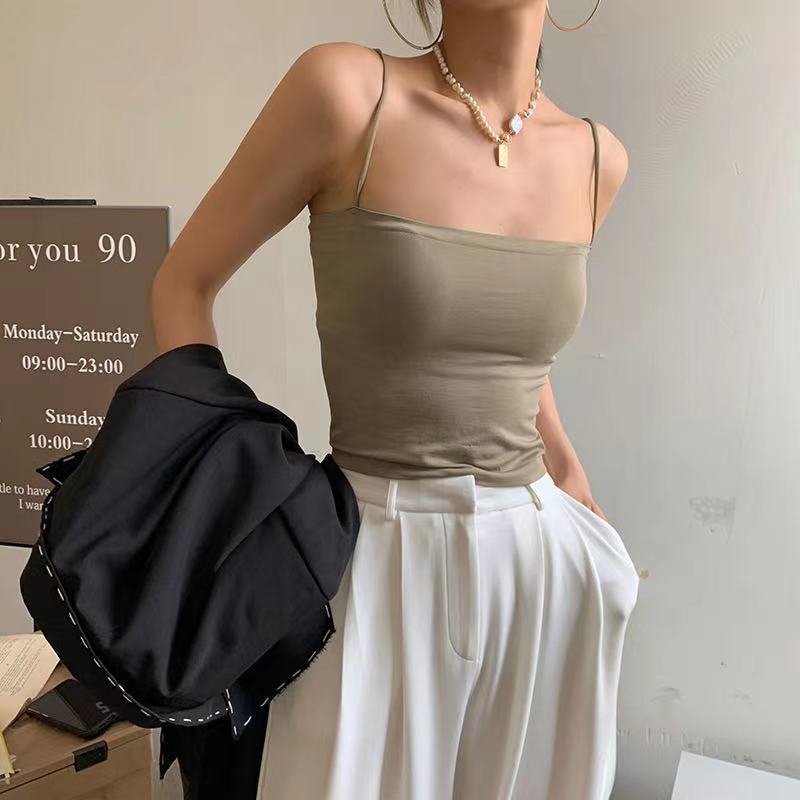 New arrival solid color sling vest women's belt fixed chest pad outer wear top no steel ring thin belt base long thin tube top