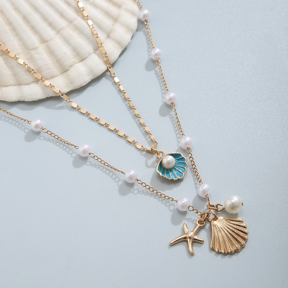 fashion Versatile Jewelry Women's Imitation Pearl Collar Chain Ocean Style Fake Shell Starfish Necklace Woman