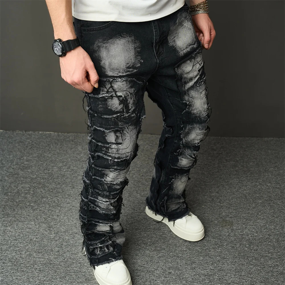 Streetwear HipHop Men Ripped Spliced Patch Straight Jeans Stylish Male Distressed Loose Biker Denim Pants 250210