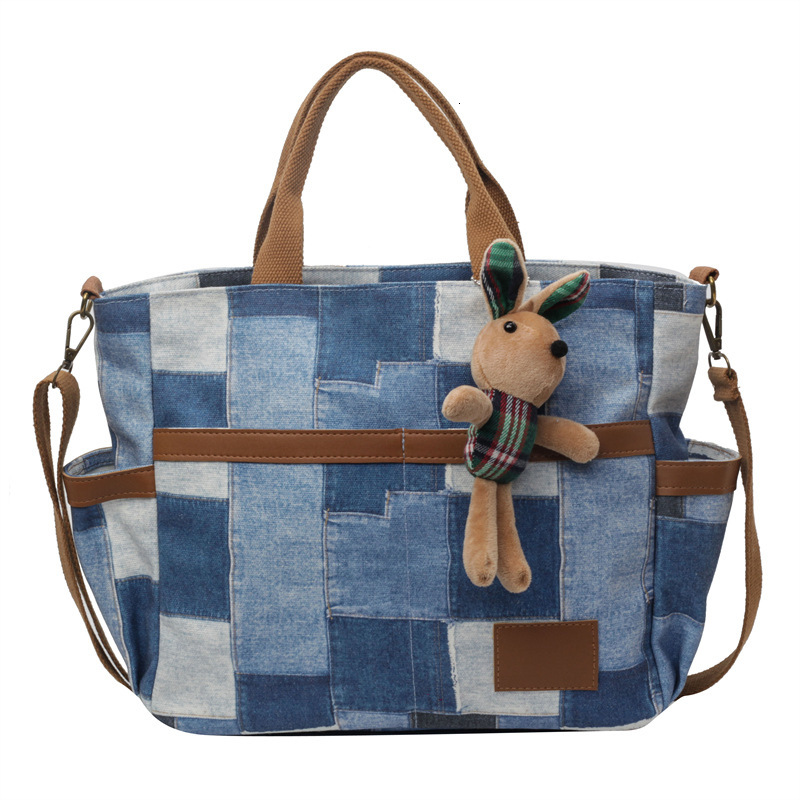Bag Large Capacity Denim Canvas Tote Bag, Women's New Fashionable And Versatile Single Shoulder Ins Stylish Splicing Crossbody Bag