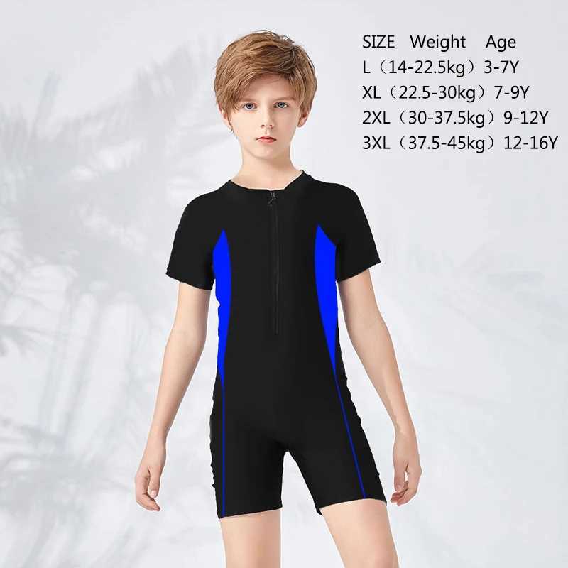 Kids Boys Girls One-piece Swimsuit Color Matching Short Sleeve Zipper Diving Suit Bathing Suit Elastic Quick-drying Swimwear Z250214