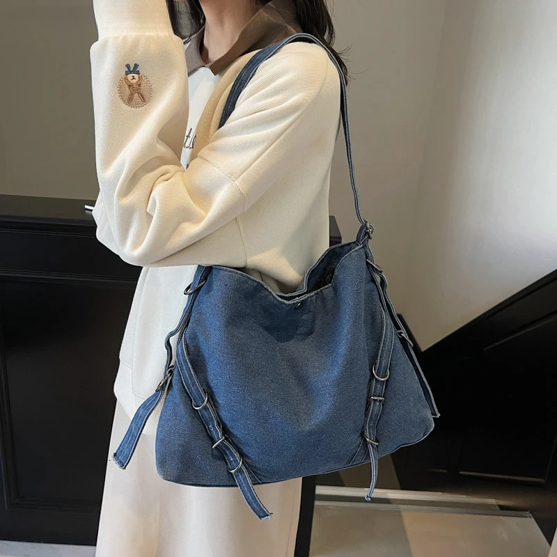 Washed Denim Fabric Shoulder Hobo Bags For Women 2025 Winter New Designer Handbags Big Capacity Underarm Shopper Tote Bag