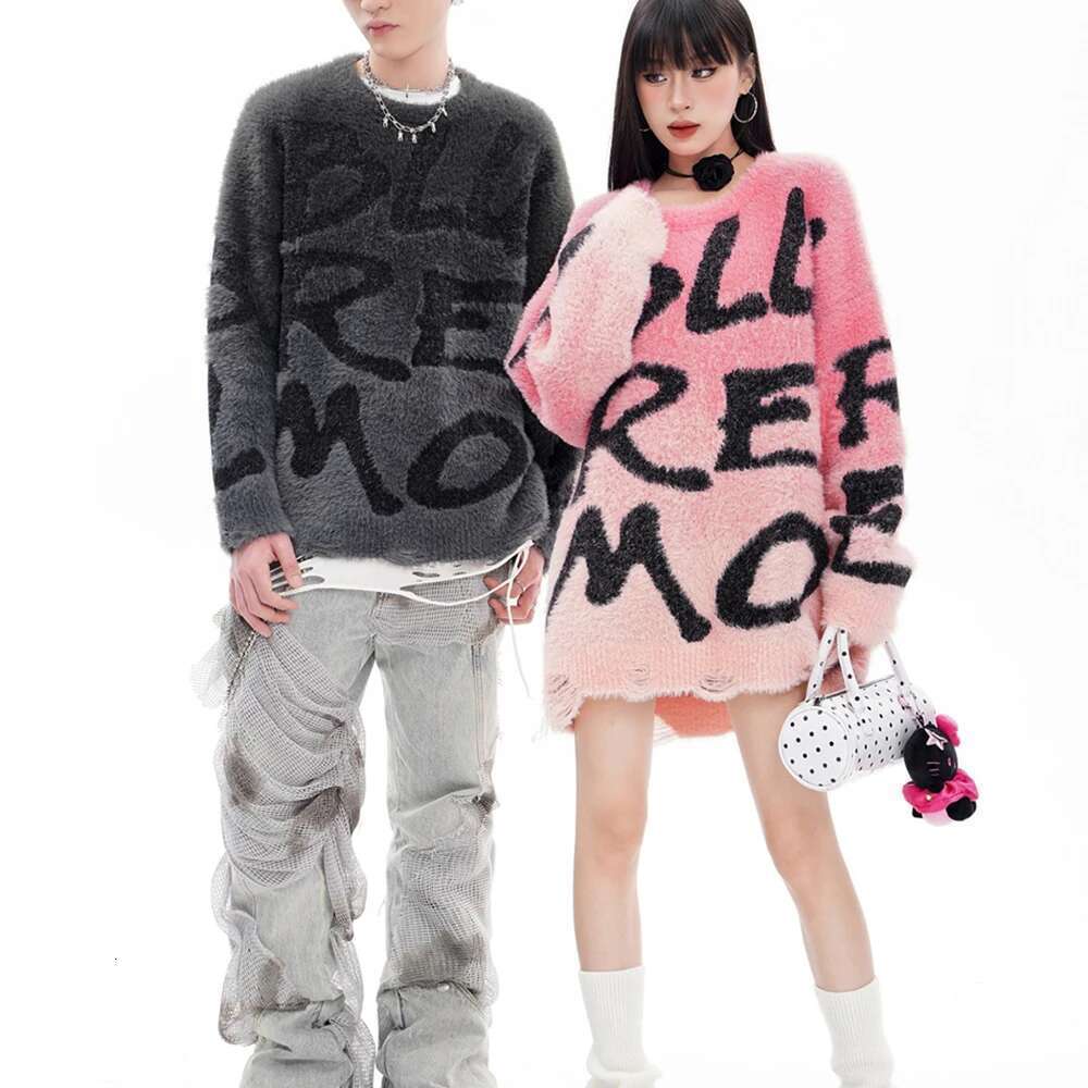 Gradient Color Letter Print Long Sleeve Sweaters For Men And Women Crew Neck Streetwear Casual Knitted Clothes Oversize Pullover