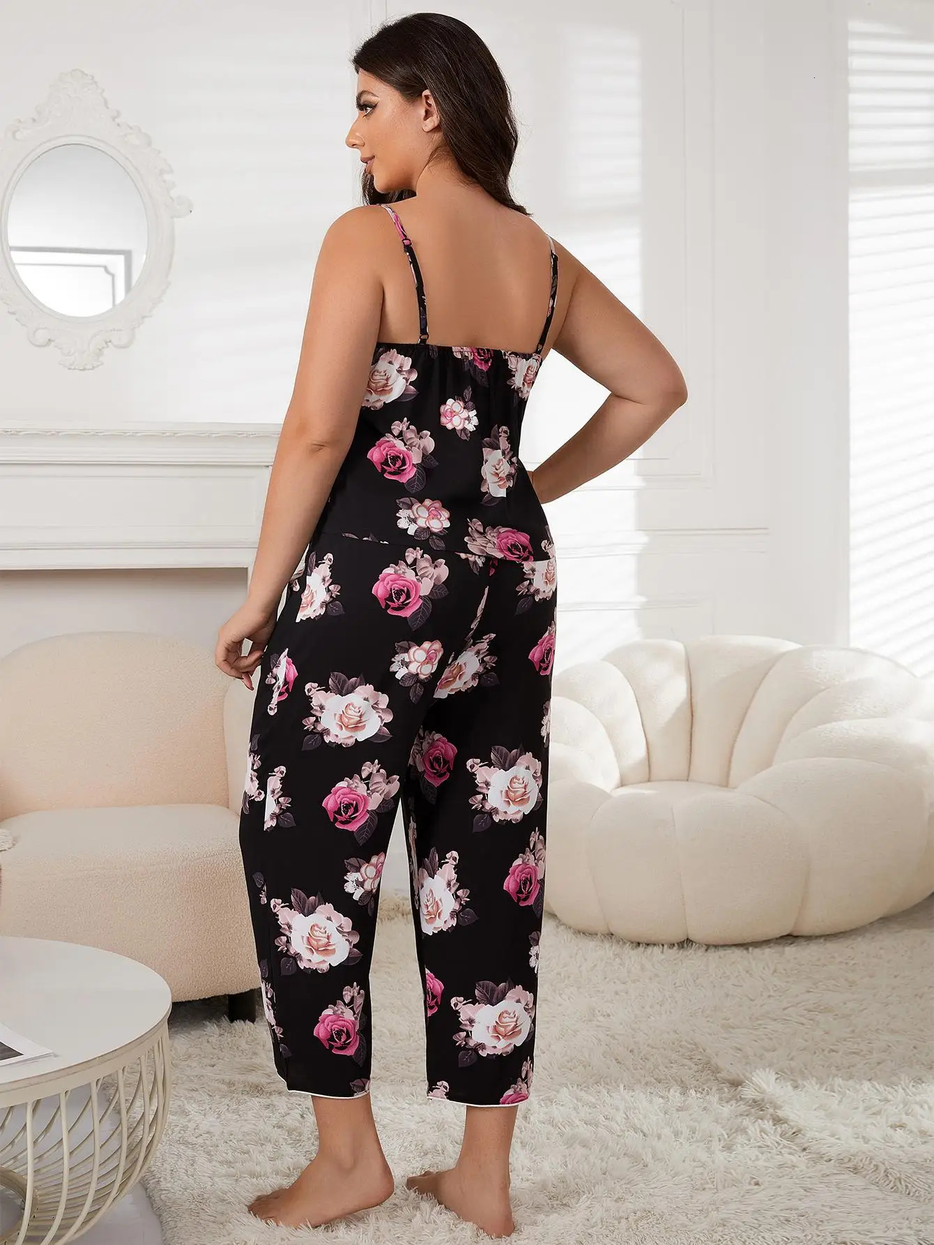 Plus Size V Neck Women Pajama Set Sleeveless Floral Top Elastic Waist Drawstring Pants Female 2 Piece Sleepwear Nightwear 250110