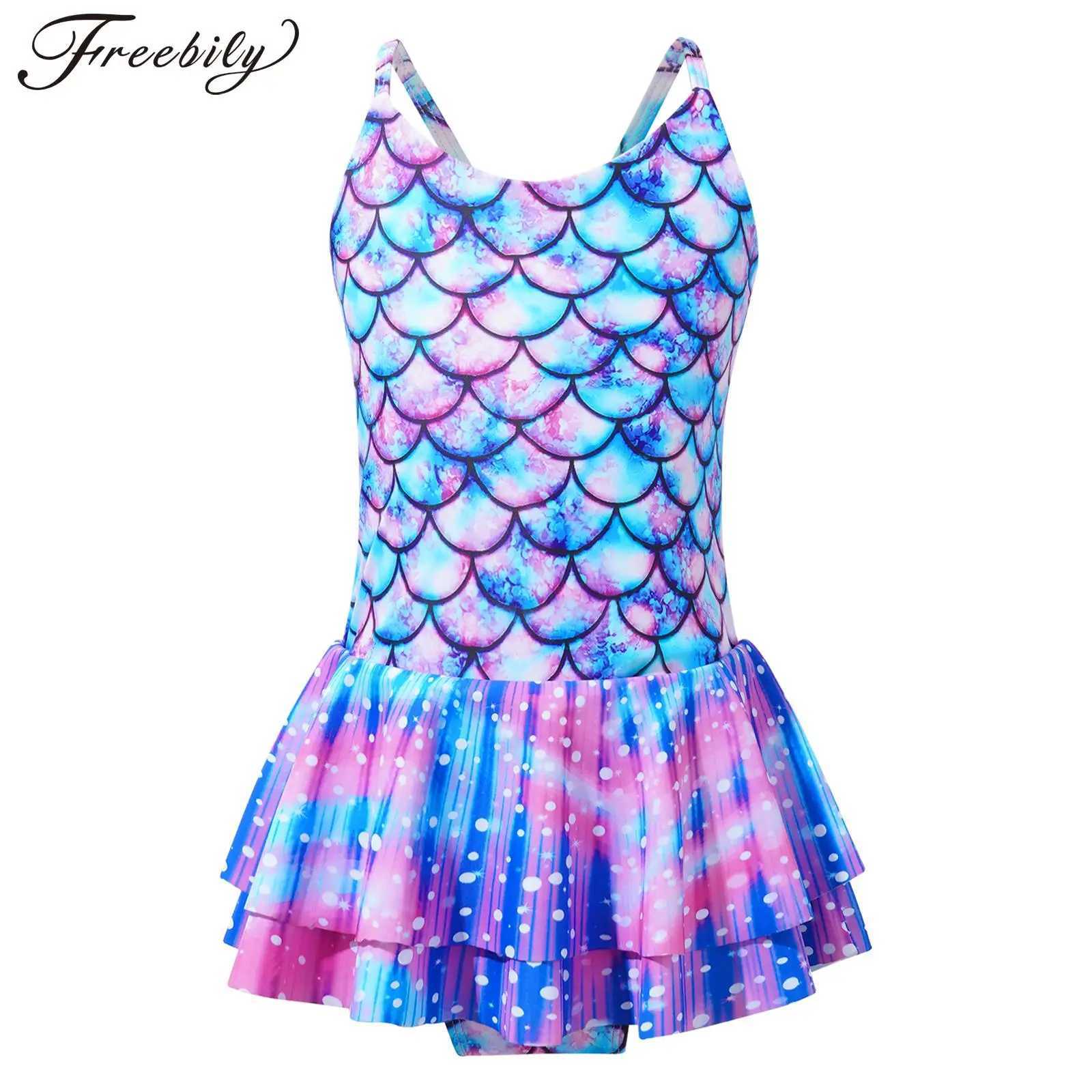 Kids Girls One-piece Swimsuit Mermaid Fish Scales Print Leotard Ruffle Jumpsuit Surfing Bathing Suit Beachwear Swim Rash Guard Z250214