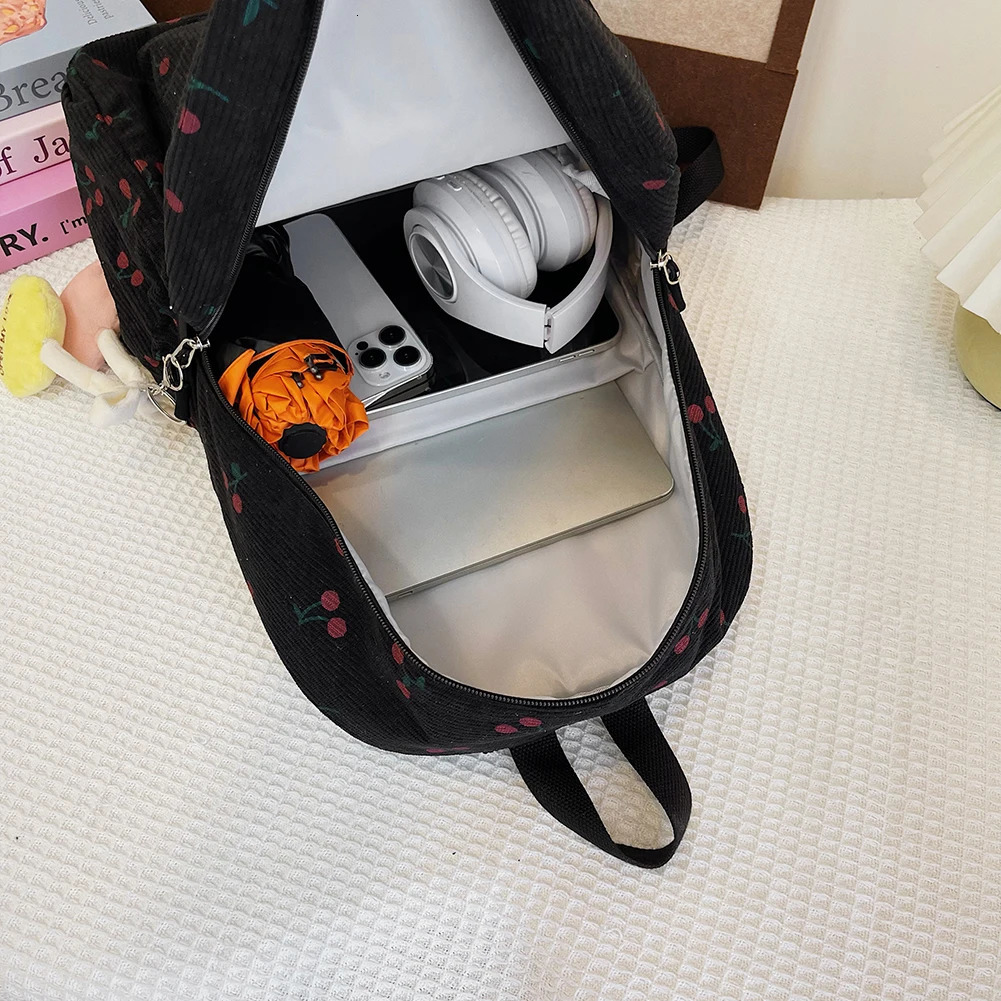Corduroy Backpack Cherry Pattern Women Travel Daypack Adjustable Strap Laptop Backpack Zipper for Work Shopping School 250214