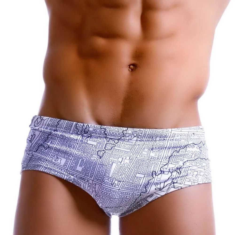Mens Swimwear Sexy Swimming Trunks Briefs Low Waist Mens Map Print Beach Surfing Shorts Swim Trunks Mens Swimsuit Beachwear W250214