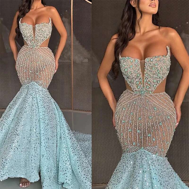 Blue Strapless Formal Evening Cut-out Mermaid Shiny Beaded Prom Dresses Customized Vestido De Fiesta