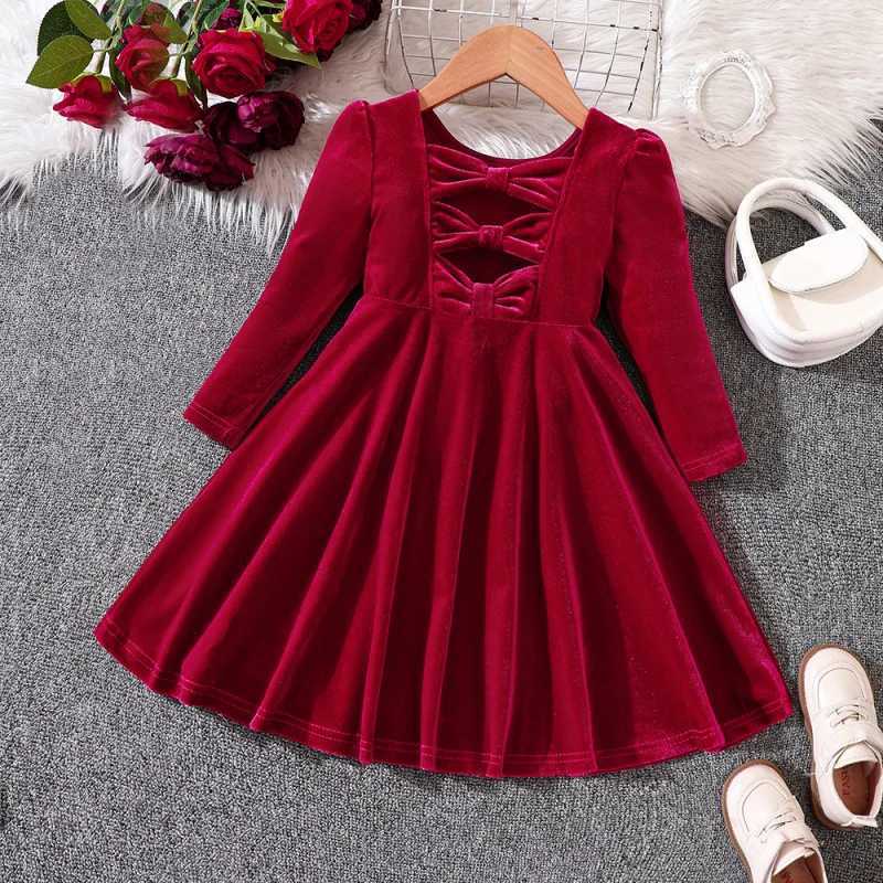 2024New Girls Autumn and Winter Velvet Bow Christmas Princess Dress Z250214