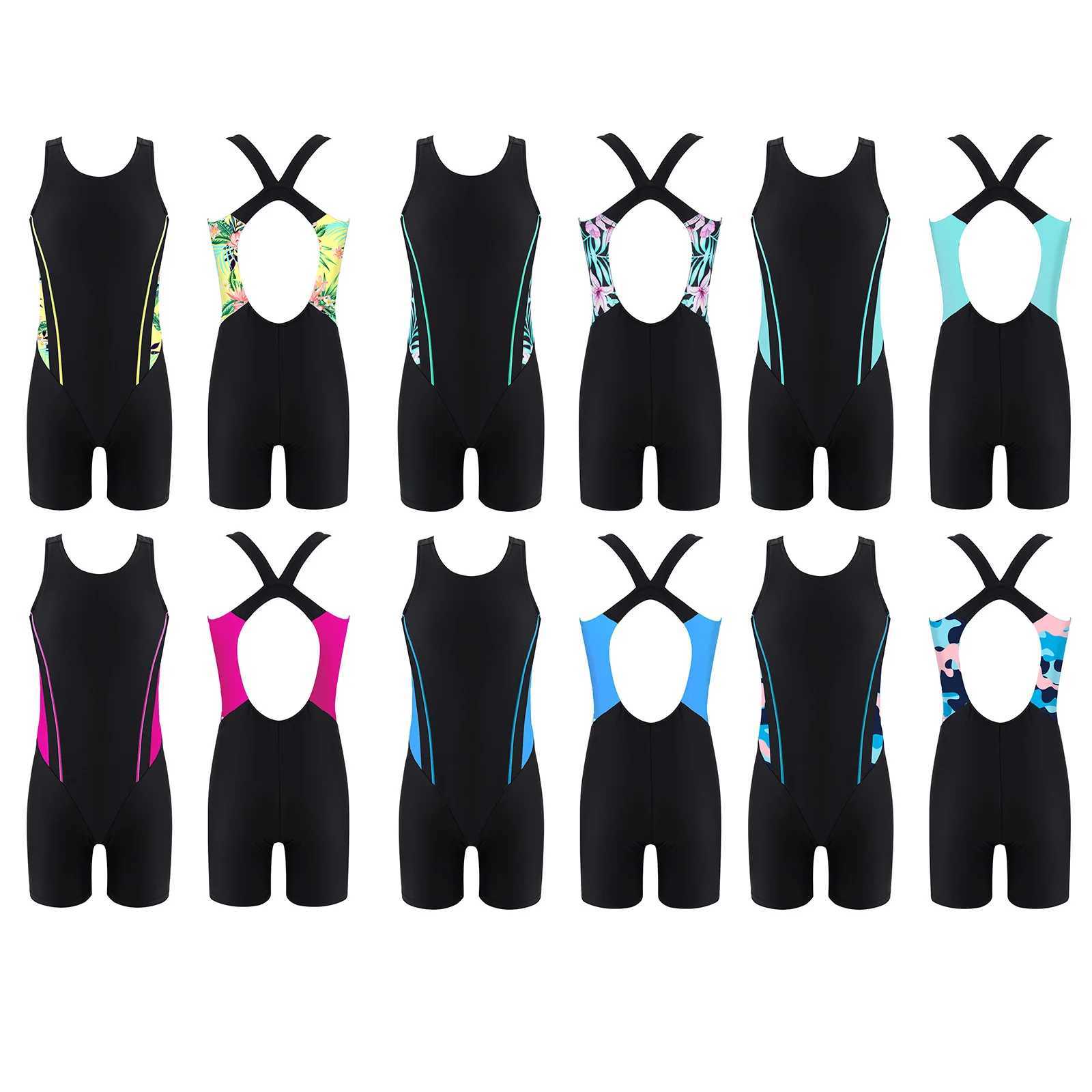 Kids Girls One-piece Swimwear Summer Sleeveless Open Back Print Short Jumpsuit Bodysuit for Beach Pool Swimming Bathing Suit Z250214