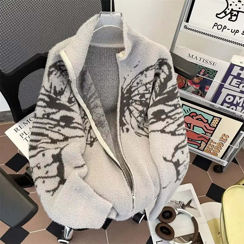 Y2k Harajuku Zipper Cardigan Man Women Vintage Butterfly Turtleneck American Mink Fur Soft and Lazy Style Sweater Jacket 250211