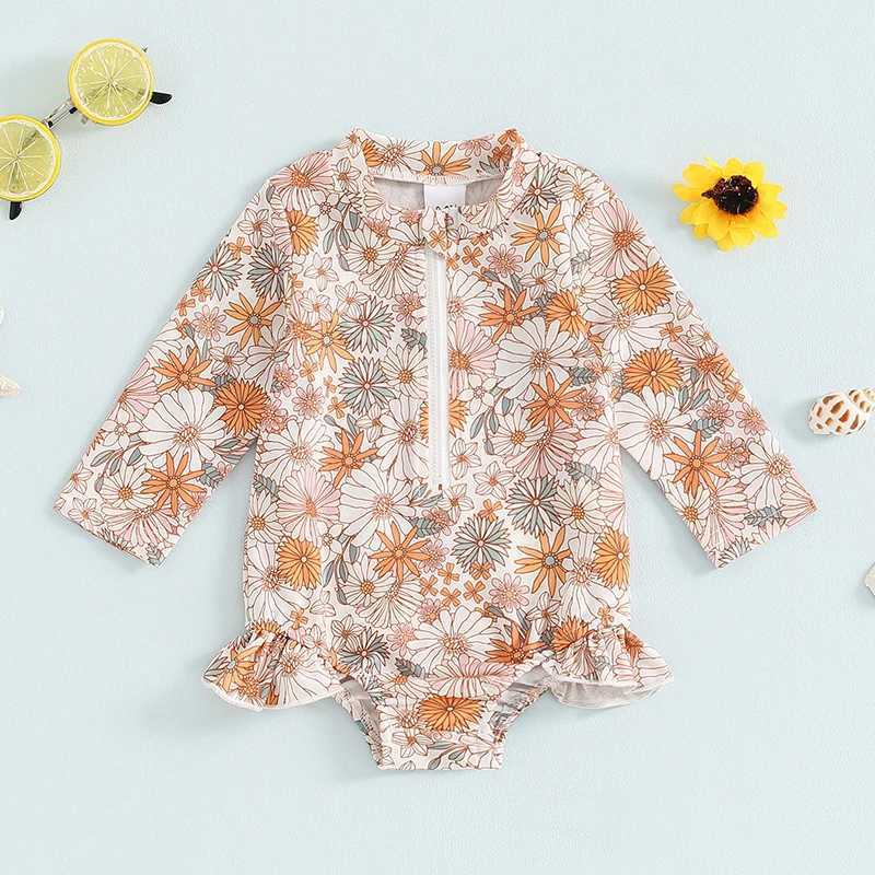 6M-4T Little Girls Swimsuit Chrysanthemum Print Long Sleeve Zipper Rash Guard Bathing Suit Infant Toddler Beachwear Z250214