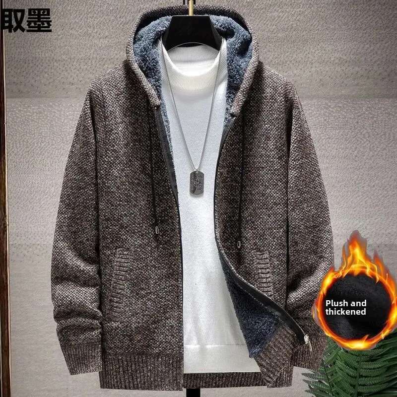 Men's Fleece-ed and Thickened Autumn Winter Cardigan Sweater Stand Collar Hooded Knitted Top Thick Style Yarn Jacket Spring A