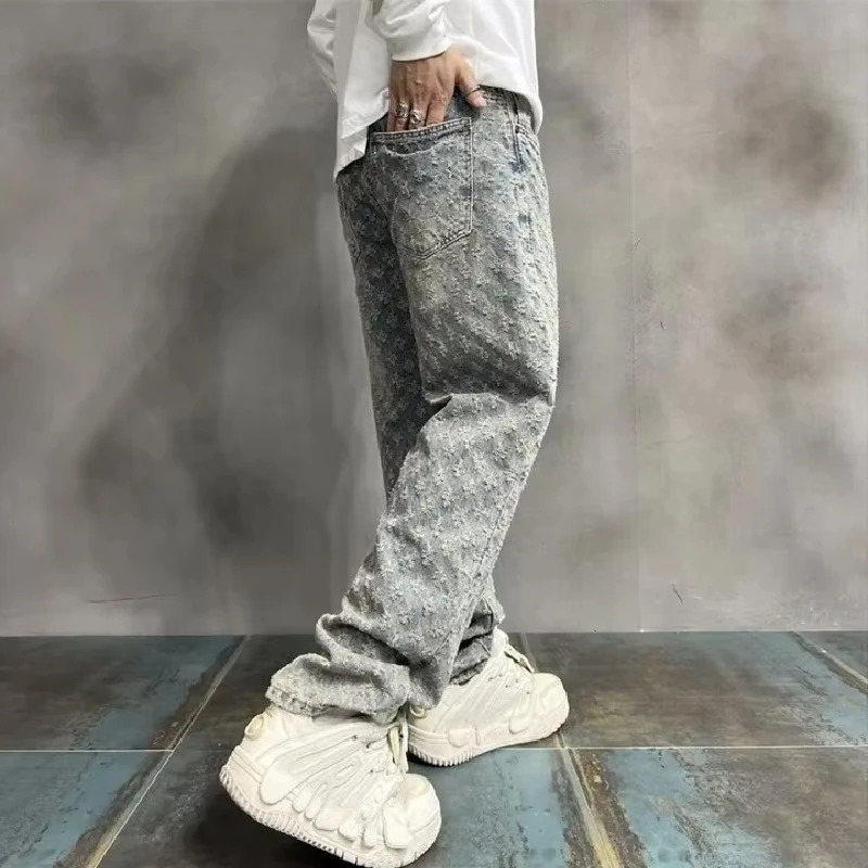 Y2k American High Street Jacquard Full Print Simple Casual High-Grade Jeans Mens n Sense Straight Fashion Loose Pants 250213