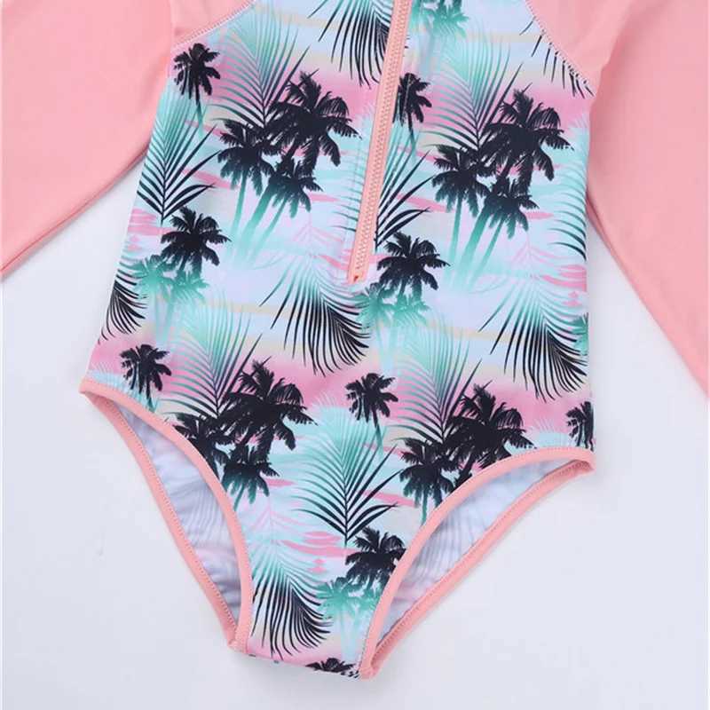 Summer Swimming One-piece Kids Girls Swimsuit Rash Guard Long Sleeves Palm Printed Zippered Bathing Suit Swimwear Beach Wear Z250214