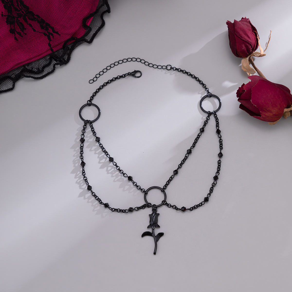Woman fashion Jewelry minimalist black rose collarbone chain Halloween imitation crystal tassel necklace for women