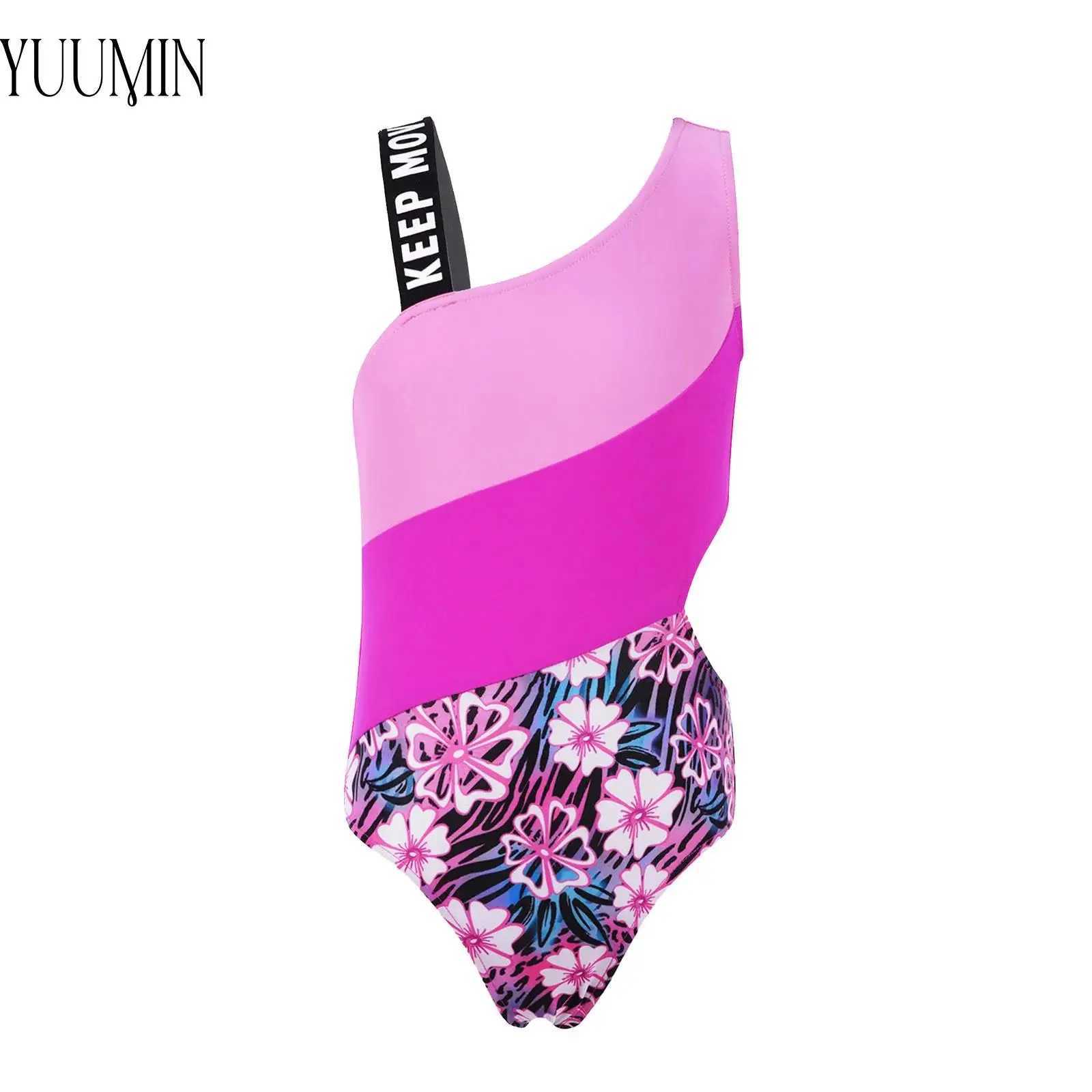 Kids Girls Print Monokini Bathing Swimsuit Swimming Tight Fitting Jumpsuit Hollow Out Waist Bodysuit Beach Pool Swimming Z250214