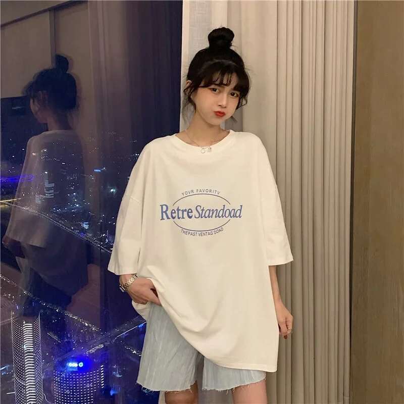 2024 Summer New Style Korean Vintage Medium-Length BF Loose-Fit Plus Size T-Shirt Top Women's Trendy Short Sleeves