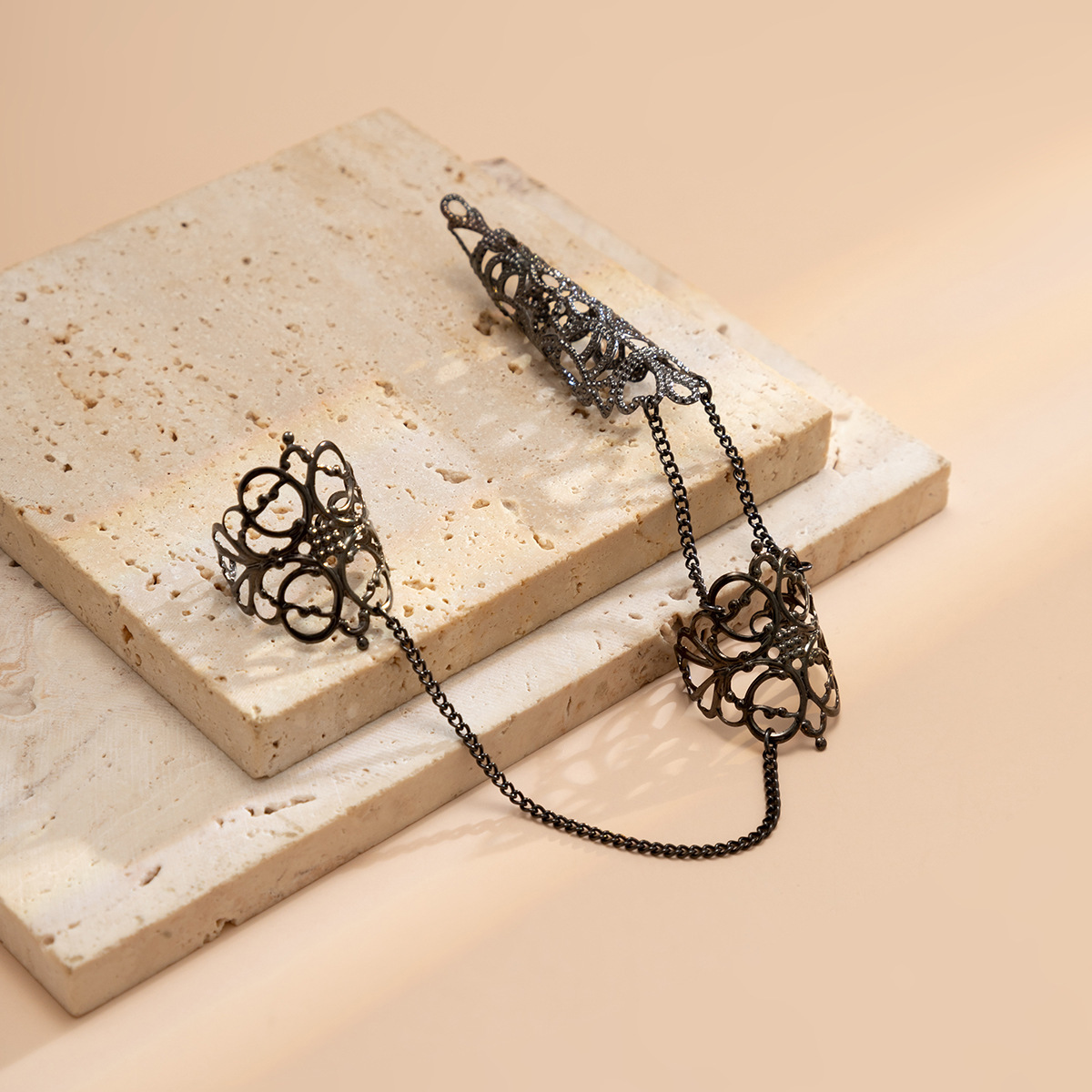 women fashion Adornment Gothic hollow conical nail set with finger ring, niche metal tassel ring