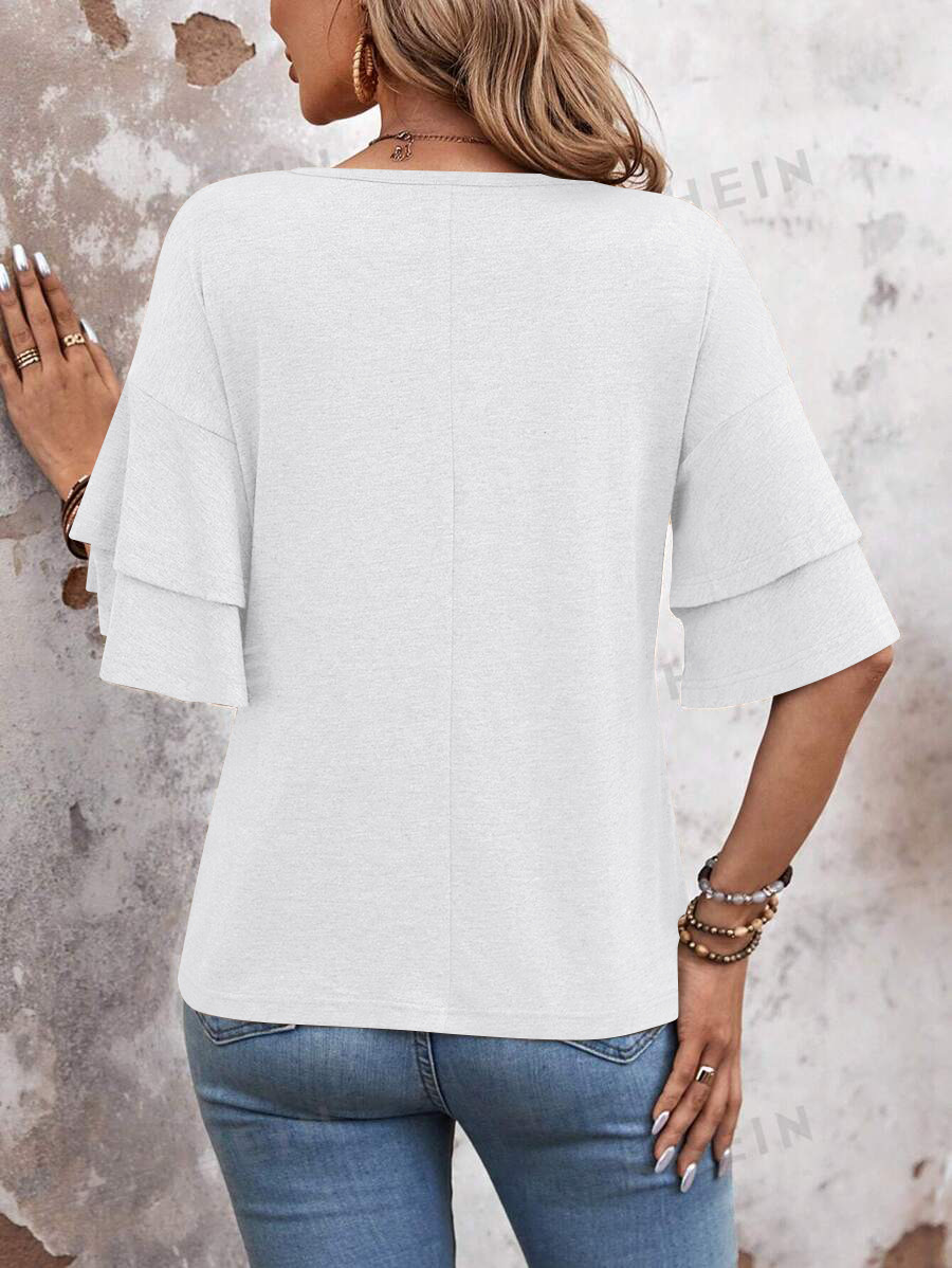 2025 Summer New Women's Solid Color V-neck Double Sleeve Loose T-shirt Short Sleeve Top