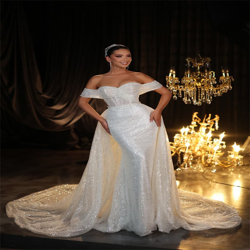Shiny Sequin Wedding Dress With Detachable Train Luxury Mermaid Overskirt Arabic Dubai Bridal Gown 2025 Sparkly Bride Dress Vestidos De Casamento Robe