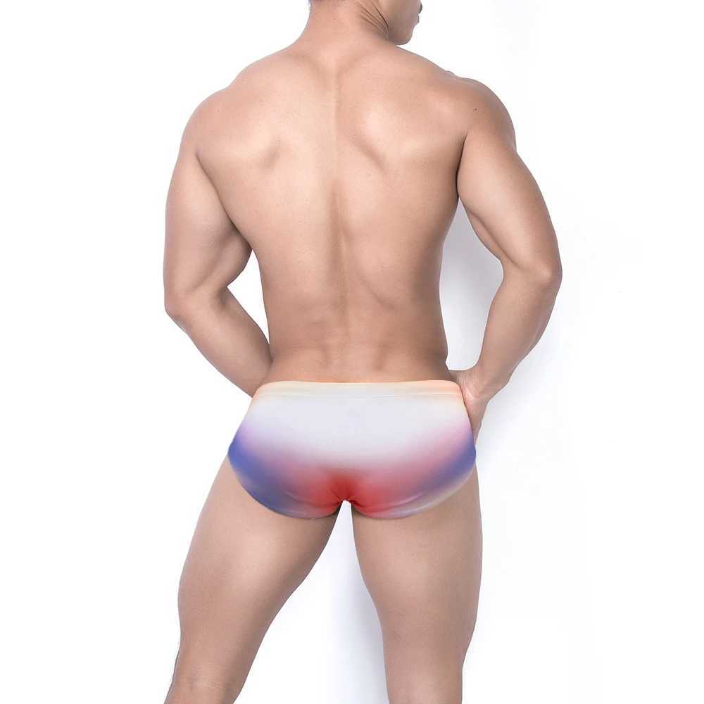 Summer Mens Swimming Trunks Sexy Colorful Gradient Cup Pouch Bathing Swimsuits Fashion Male Sport Beach Surfing Boxer Shorts W250214