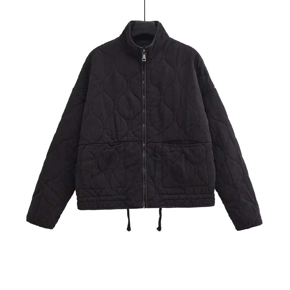 PB&ZA2024 Winter New Women's Clothing Style Commuting Leisure Warm Stand Collar Loose Pocket Dia Grid Cotton Coat