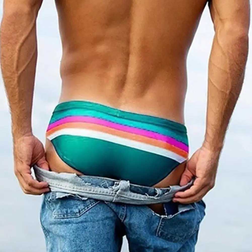 Slim Fit Quick Drying High Elasticity Swimming Trunks Low Rise Striped Print Men Swimming Briefs for Vacation Men Beach Shorts W250214