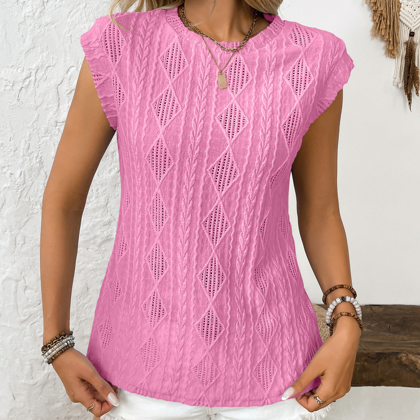 Designer New Women Round Neck Jacquard Short Sleeved Loose T-shirt Vest For Summer 2025