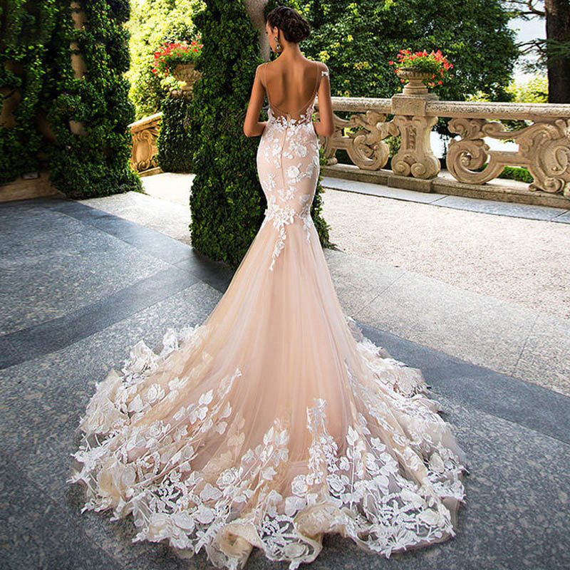 Elegant Mermaid Wedding Dress Appliques Lace O Neck Bride Gowns Illusion Sleeveless Backless Bridal Dresses Customized