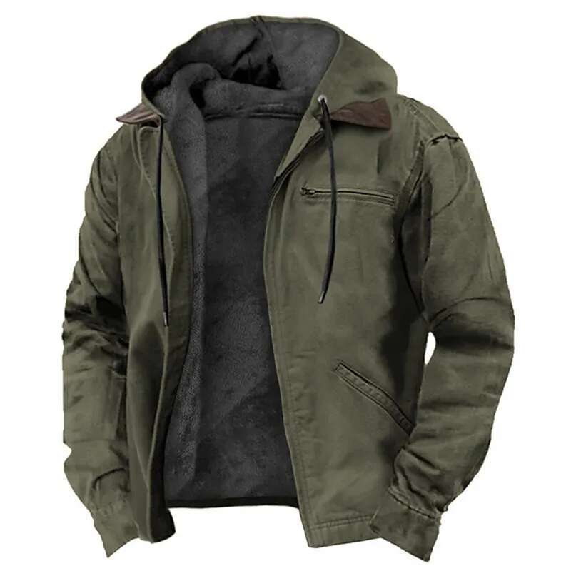 Winter New Men Casual Jackets Zipper Pocket Fashion Solid Color Fleece Warm Outerwear Male Outdoor Hooded Hoodie Coats