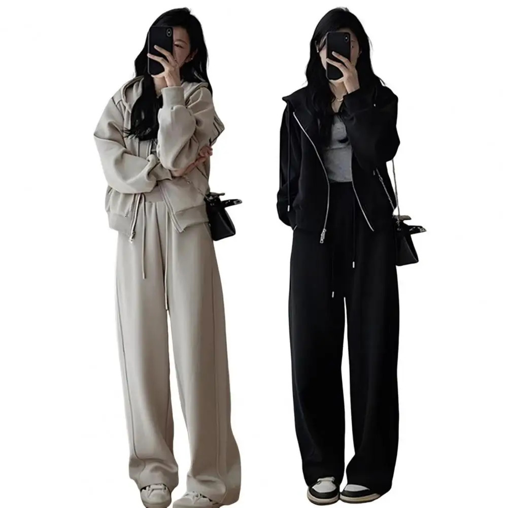 Hooded Sweater Wide-leg Pants Two-piece Suit Women Zipper pocket Lace Up Pant Set Spring Summer Lady Sports Casual Outfit 250210