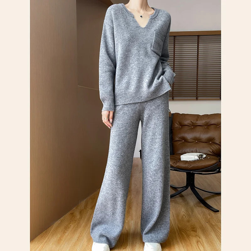 Spring and Autumn 100% Pure Wool Knit Womens Suit Vneck LongSleeved Sweater WideLeg Pants Trendy TwoPiece Set 250213