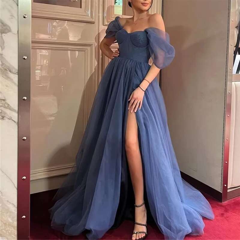 Blue Off the shoulder Formal Evening Dresses Women Side Slit Tulle Birthday Party Prom Gowns Customized vestidos de fiesta
